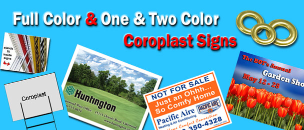 1000 18" wide x 12" tall 2 side full color coroplast signs, no bleed price, includes half frames and ship, $2122