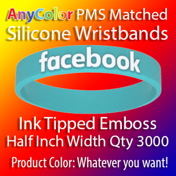 PMS Matched "AnyColor" Silicone Wristbands, 3000 for $1137, Half Inch Width, Custom Emboss with Ink Tip,