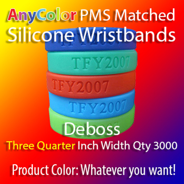 PMS Matched "AnyColor" Silicone Wristbands, 3000 for $619, Three Quarter Inch Width, Custom Deboss,