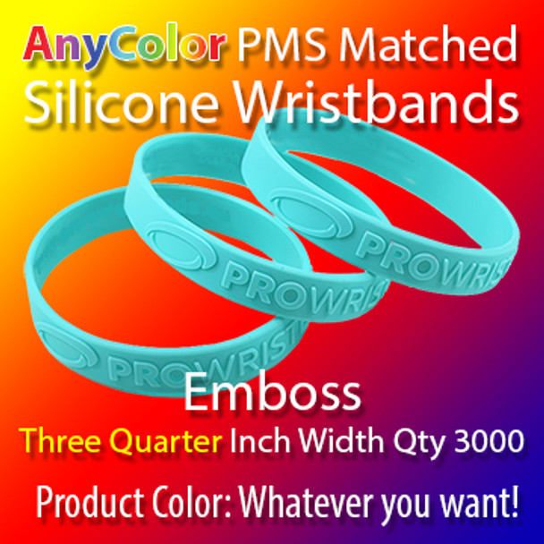 PMS Matched "AnyColor" Silicone Wristbands, 3000 for $1217, Three Quarter Inch Width, Custom Emboss,