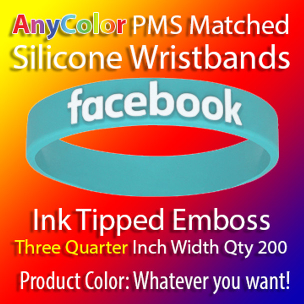 PMS Matched "AnyColor" Silicone Wristbands, 200 for $488, Three Quarter Inch Width, Custom Emboss with Ink Tip,