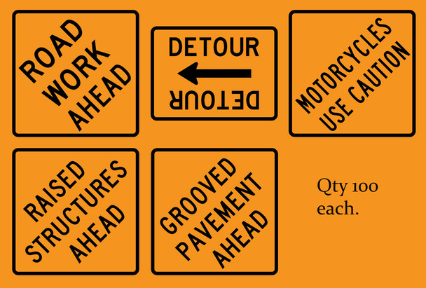 Five Sets of 100 Orange Coroplast Signs with Black Print, 24x24 or 24x18, 500 Signs Total