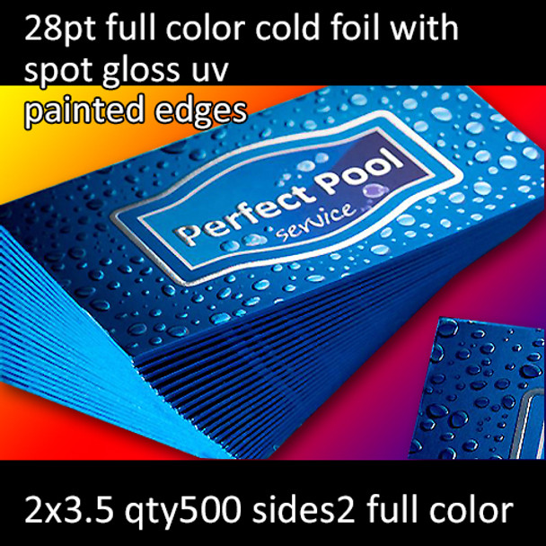 28Pt Cold Foil Full Color Foil with High Gloss Gloss Spot UV and Painted Edge Cards Full Color Both Sides 2x3.5 Quantity 500