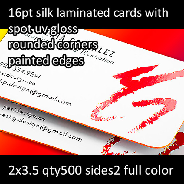 16Pt Silk Laminated Cards with High Gloss Spot UV Rounded Corners and Painted Edges Full Color Both Sides 2x3.5 Quantity 500