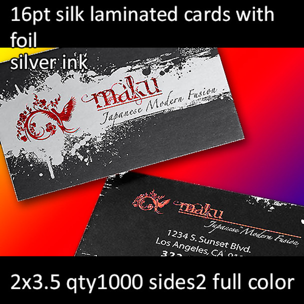 16Pt Silk Laminated Cards with Foil and Silver Metallic Inks Full Color Both Sides 2x3.5 Quantity 1000