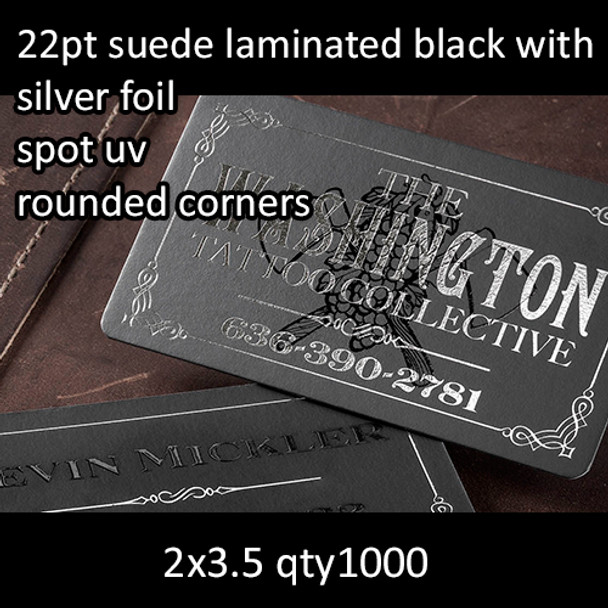 22Pt Suede Laminated Black Cards with Silver Foil High Gloss Spot UV and Round Corners Foil 1 Side 2x3.5 Quantity 1000