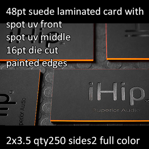 48Pt Suede Laminated Cards with High Gloss Spot UV Front and Middle 16Pt Die Cut and Painted Edges Full Color Both Sides 2x3.5 Quantity 250