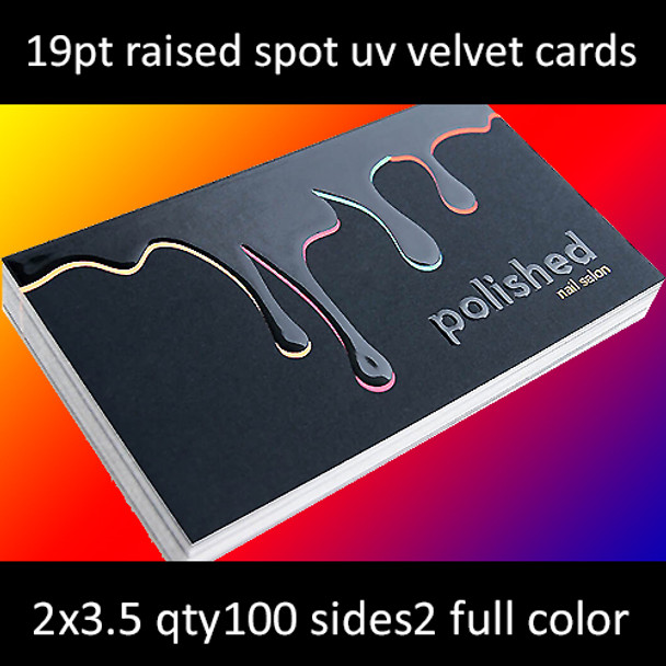 19Pt Suede Laminated Cards with Raised Spot Gloss (UV) on Front Side Full Color Both Sides 2x3.5 Quantity 100