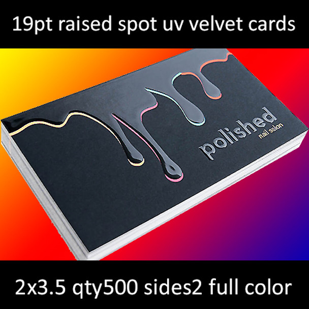 19Pt Suede Laminated Cards with Raised Spot Gloss (UV) on Front Side Full Color Both Sides 2x3.5 Quantity 500