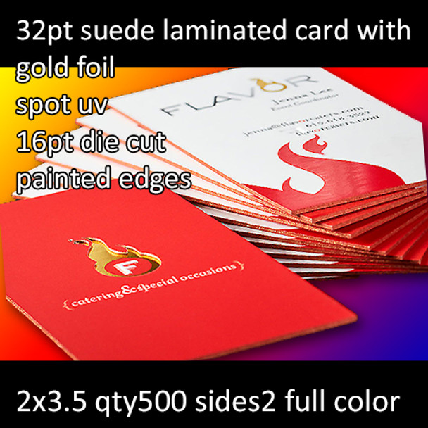 32Pt Suede Laminated Cards with Gold Foil High Gloss Spot UV 16Pt Die Cut and Painted Edges Full Color Both Sides 2x3.5 Quantity 500