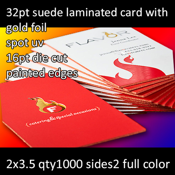 32Pt Suede Laminated Cards with Gold Foil High Gloss Spot UV 16Pt Die Cut and Painted Edges Full Color Both Sides 2x3.5 Quantity 1000