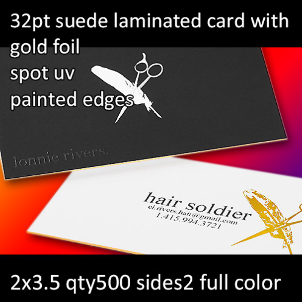 32Pt Suede Laminated Cards with Gold Foil High Gloss Spot UV and Painted Edges Full Color Both Sides 2x3.5 Quantity 500