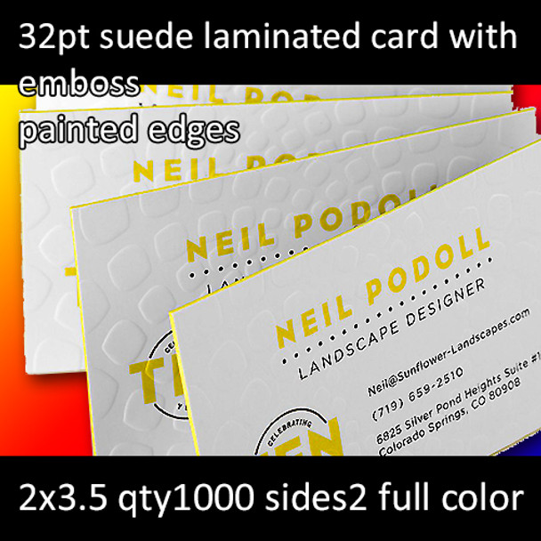 32Pt Suede Laminated Cards with Emboss and Painted Edges Full Color Both Sides 2x3.5 Quantity 1000