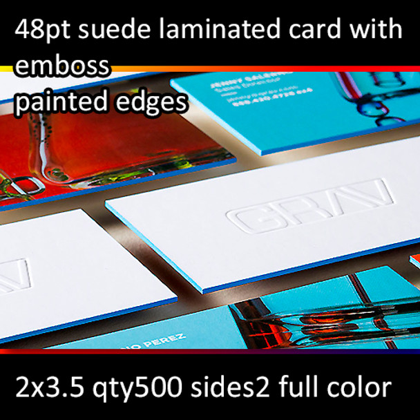 48Pt Suede Laminated Cards with Emboss and Painted Edges Full Color Both Sides 2x3.5 Quantity 500