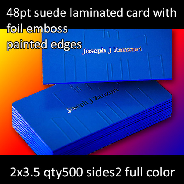 48Pt Suede Laminated Cards with Foil Emboss and Painted Edges Full Color Both Sides 2x3.5 Quantity 500