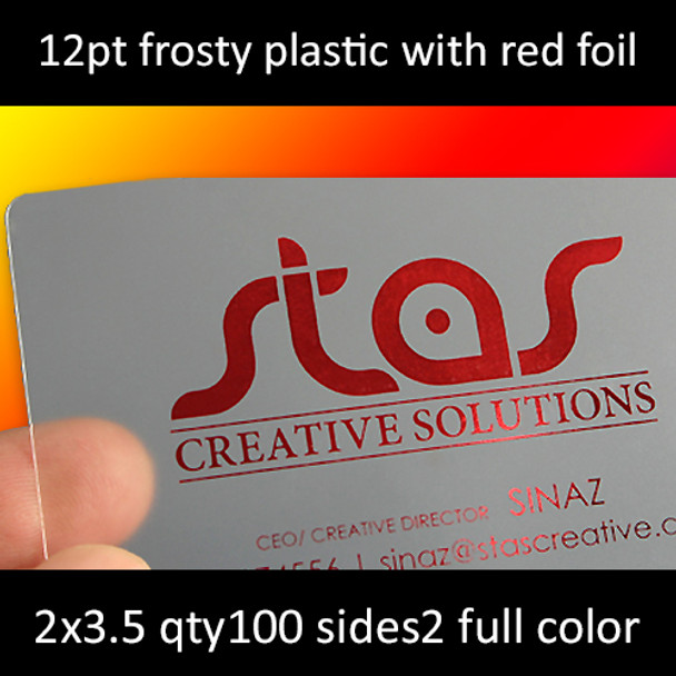 12Pt Frosted Plastic Cards with Red Foil Full Color One Side 2.125x3.375 Quantity 100