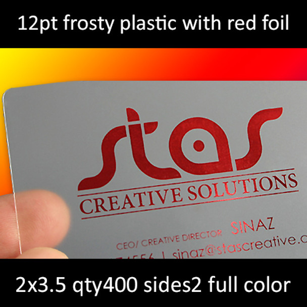 12Pt Frosted Plastic Cards with Red Foil Full Color One Side 2.125x3.375 Quantity 400