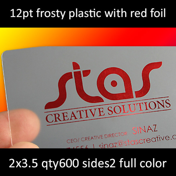 12Pt Frosted Plastic Cards with Red Foil Full Color One Side 2.125x3.375 Quantity 600