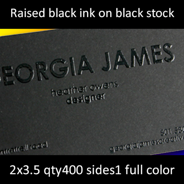 14Pt Black Uncoated Cards with Black Raised Ink Full Color One Side 2x3.5 Quantity 400