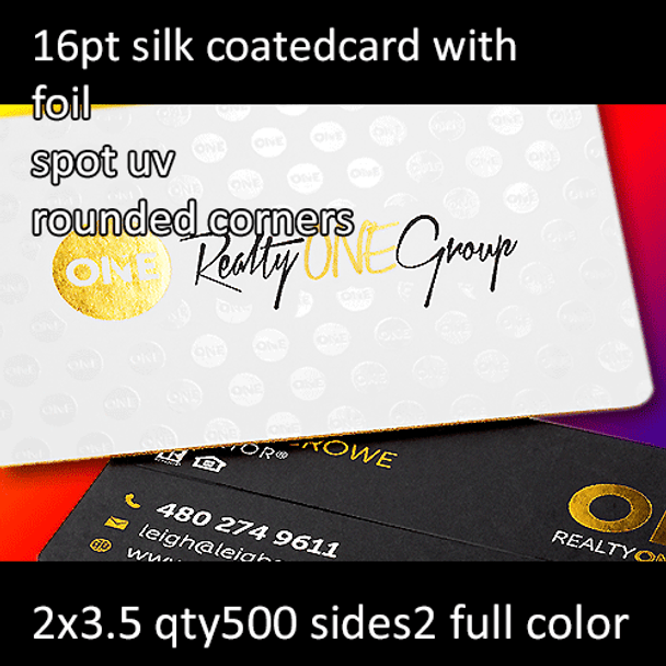 16Pt Silk Coated Foil 2 Sides Cards with Round Corners and Spot Gloss (UV) Full Color and Foil 2 Sides Both Sides 2x3.5 Quantity 500