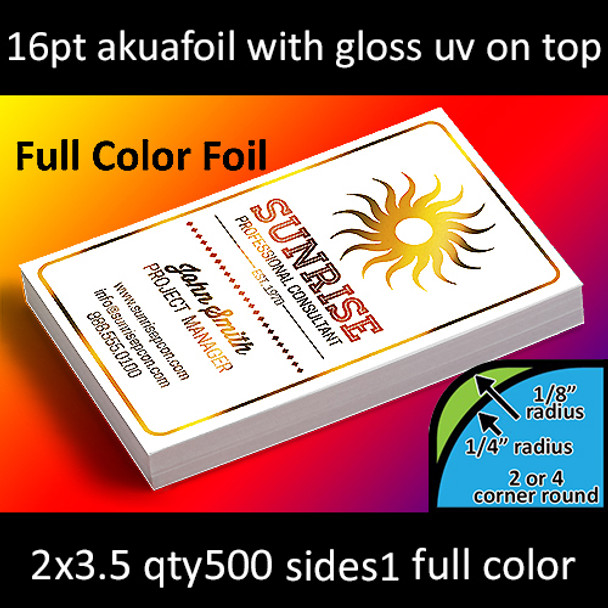 16Pt Akuafoil Full Color Foil Cards with UV Coating and Round Corners Full Color and Foil One Side 2x3.5 Quantity 500