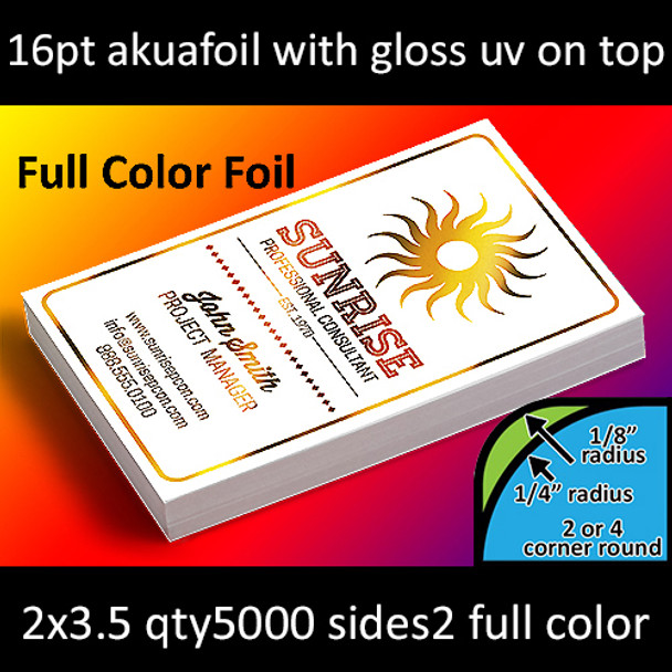 16Pt Akuafoil Full Color Foil Cards with UV Coating and Round Corners, 5000 for $316, Full Color and Foil Both Sides, 2x3.5,