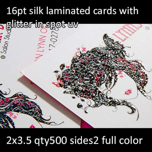16Pt Silk Laminated Cards with Glitter Gloss Spot UV Full Color Both Sides 2x3.5 Quantity 500