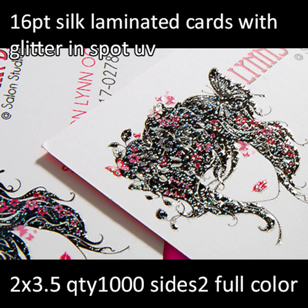 16Pt Silk Laminated Cards with Glitter Gloss Spot UV Full Color Both Sides 2x3.5 Quantity 1000