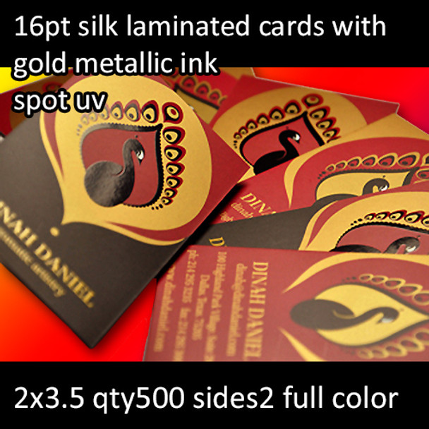 16Pt Silk Laminated Cards with Gold Metallic Ink and High Gloss Spot UV Full Color Both Sides 2x3.5 Quantity 500