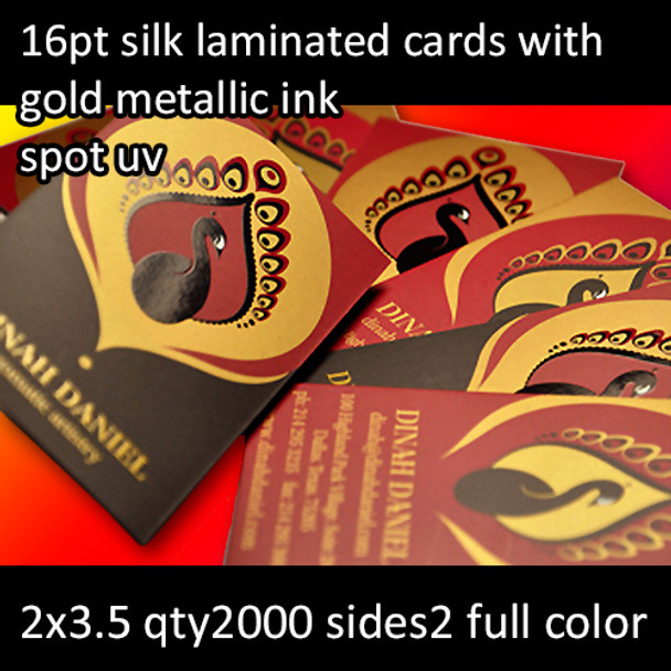 16Pt Silk Laminated Cards with Gold Metallic Ink and High Gloss Spot UV Full Color Both Sides 2x3.5 Quantity 2000
