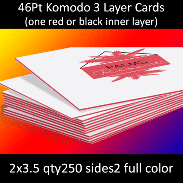 46Pt White with Red Insert Trilayer Komodo Uncoated Cards, 250 for $127, Full Color Both Sides, 2x3.5,