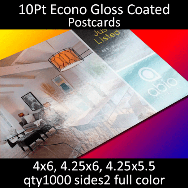 Postcards, Coated, Gloss Econo, 10Pt, 4x6, 4.25x6, 4.25x5.5, 2 sides, 1000 for $26.25