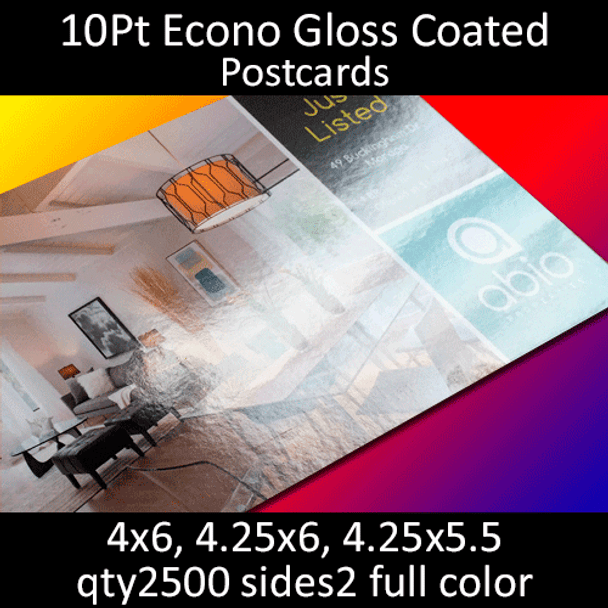 Postcards, Coated, Gloss Econo, 10Pt, 4x6, 4.25x6, 4.25x5.5, 2 sides, 2500 for $49.35