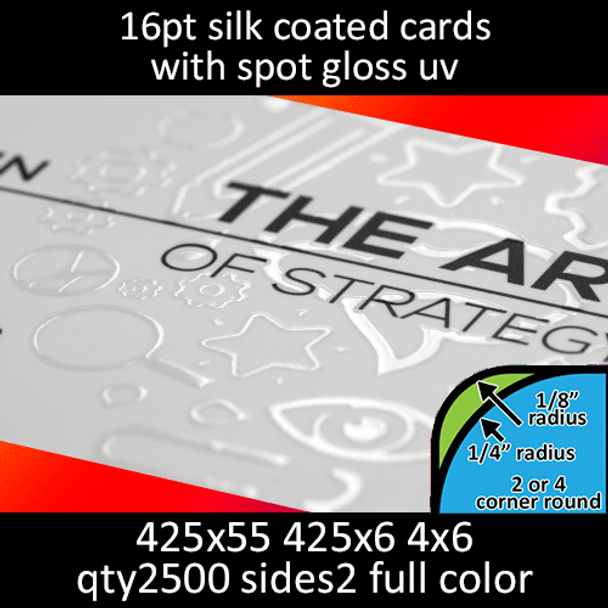 Postcards, Coated, Silk, Round Corners, Partial High Gloss UV, 16Pt, 4.25x5.5, 4.25x6, 4x6, 2 sides, 2500 for $375