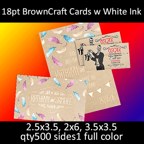 Postcards, Uncoated, Brown Kraft w White & CMYK Ink, 18Pt, 2.5x3.5, 2x6, 3.5x3.5, 1 side, 0500 for $25