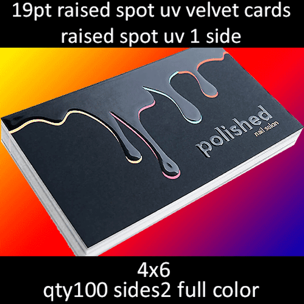 Postcards, Laminated, Suede, Partial Raised High Gloss UV 1 Side, 19Pt, 4x6, 2 sides, 0100 for $99