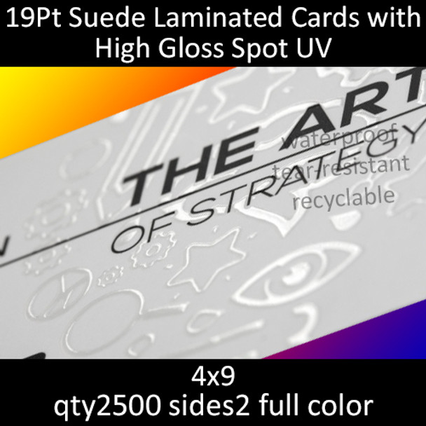 Postcards, Laminated, Suede, Partial High Gloss UV, 19Pt, 4x9, 2 sides, 2500 for $565