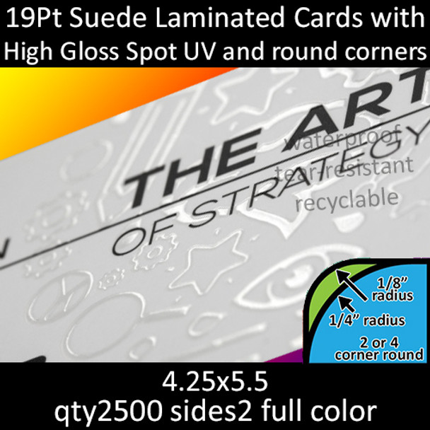Postcards, Laminated, Suede, Partial High Gloss UV, Round Corners, 19Pt, 4.25x5.5, 2 sides, 2500 for $380