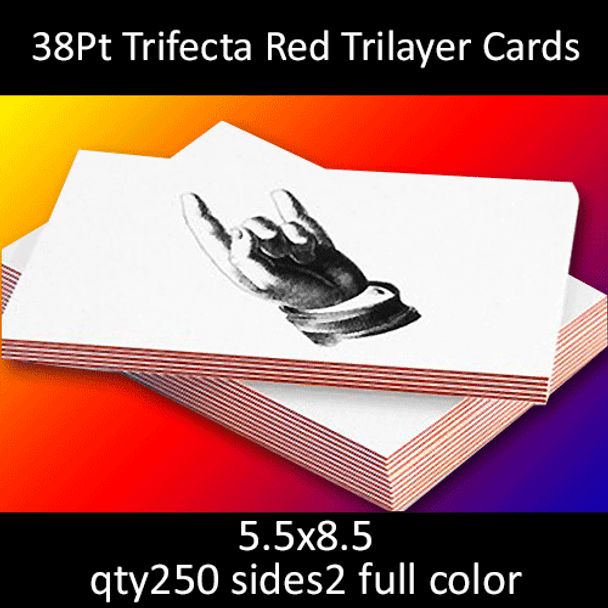 Postcards, Uncoated, Trilayer with Red Insert, 38Pt, 5.5x8.5, 2 sides, 0250 for $150