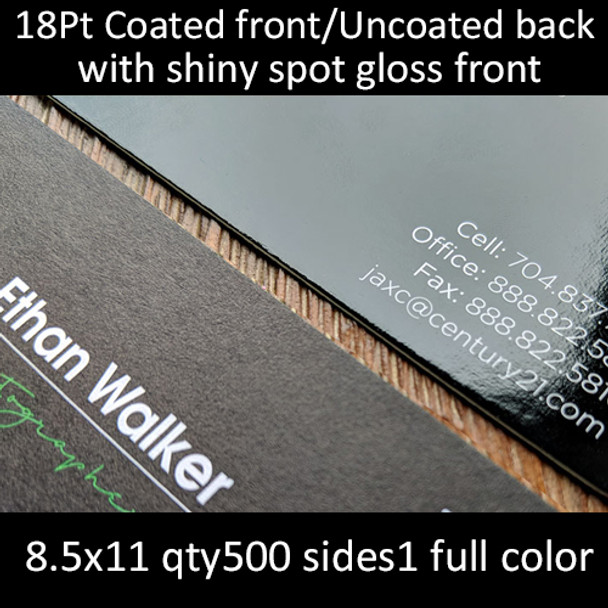 18Pt coated front uncoated back with high gloss uv coating, full color on 1 side, 8.5x11, qty 500