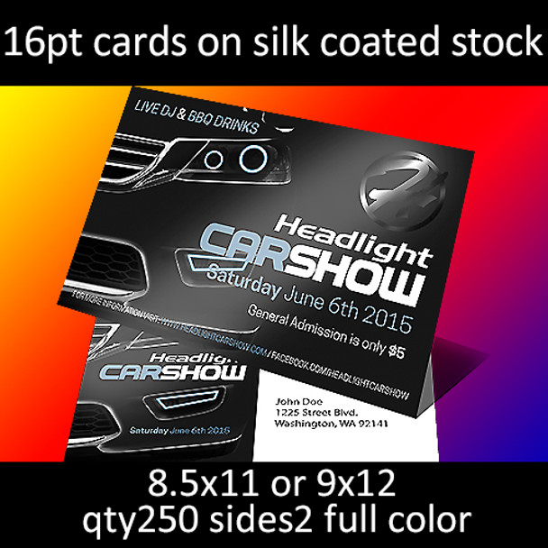 16pt cards on silk coated stock, full color on 2 sides, 8.5x11 or 9x12, qty 250