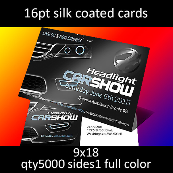 16pt silk coated cards, full color on 1 side, 9x18, qty 5000