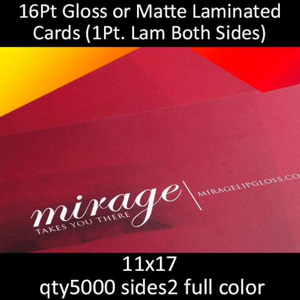 16Pt gloss or matte laminated cards, full color on 2 sides, 11x17, qty 5000