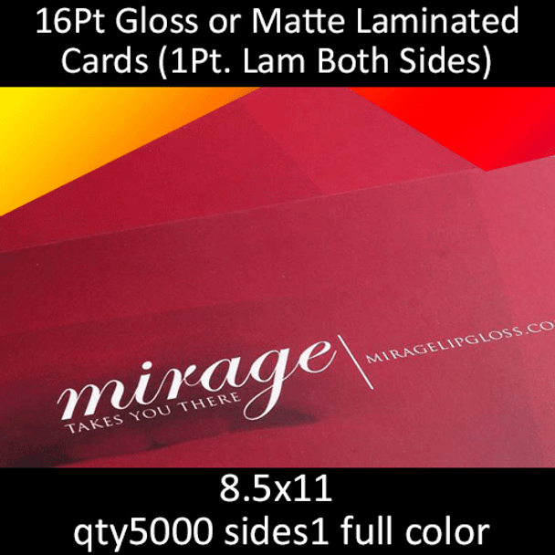 16Pt gloss or matte laminated cards, full color on 1 side, 8.5x11, qty 5000