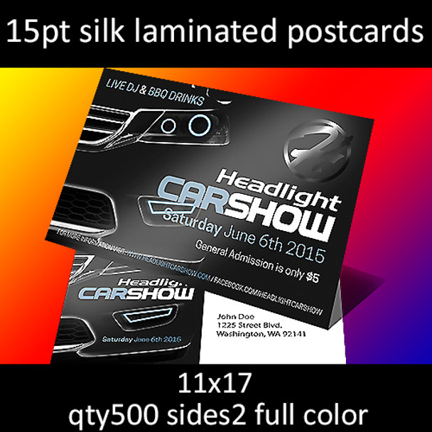 15pt silk laminated cards, full color on 2 sides, 11x17, qty 500