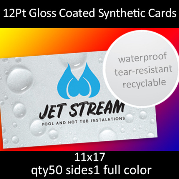 12Pt Gloss Coated Synthetic Cards, full color on 1 side, 11x17, qty 50