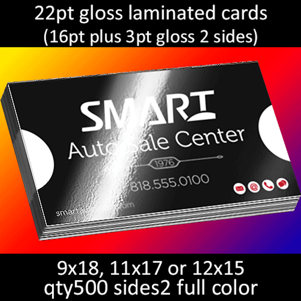 22pt gloss laminated cards 9x18 or 11x17 or 12x15 qty500 sides2 full color