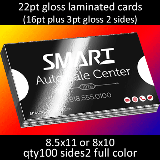 22pt gloss laminated cards 85x11 or 8x10 qty100 sides2 full color