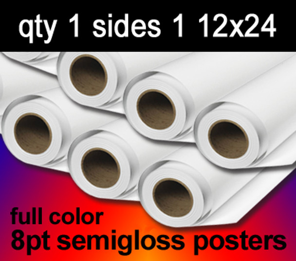 Full Color 8 mil semigloss posters, 1 to 10 from $22, 12x24, sides 1