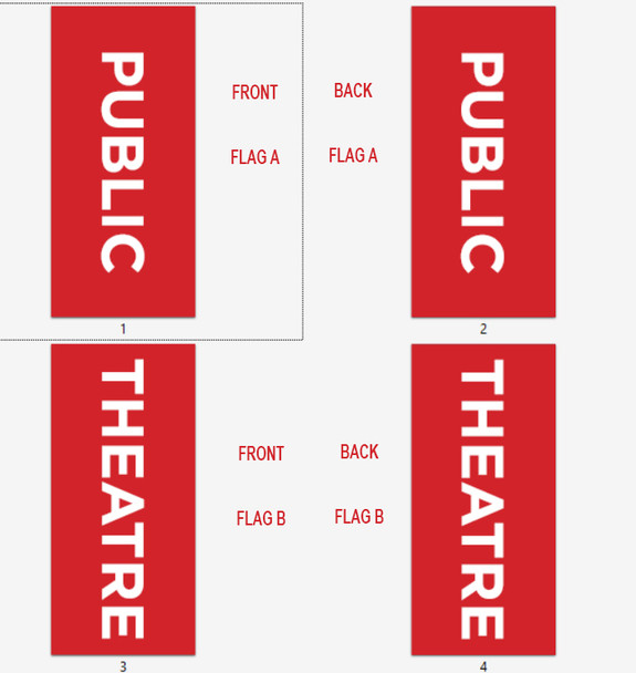 Two double sided 30x60 inch flags with poles and hardware for Cleveland Public Theatre
